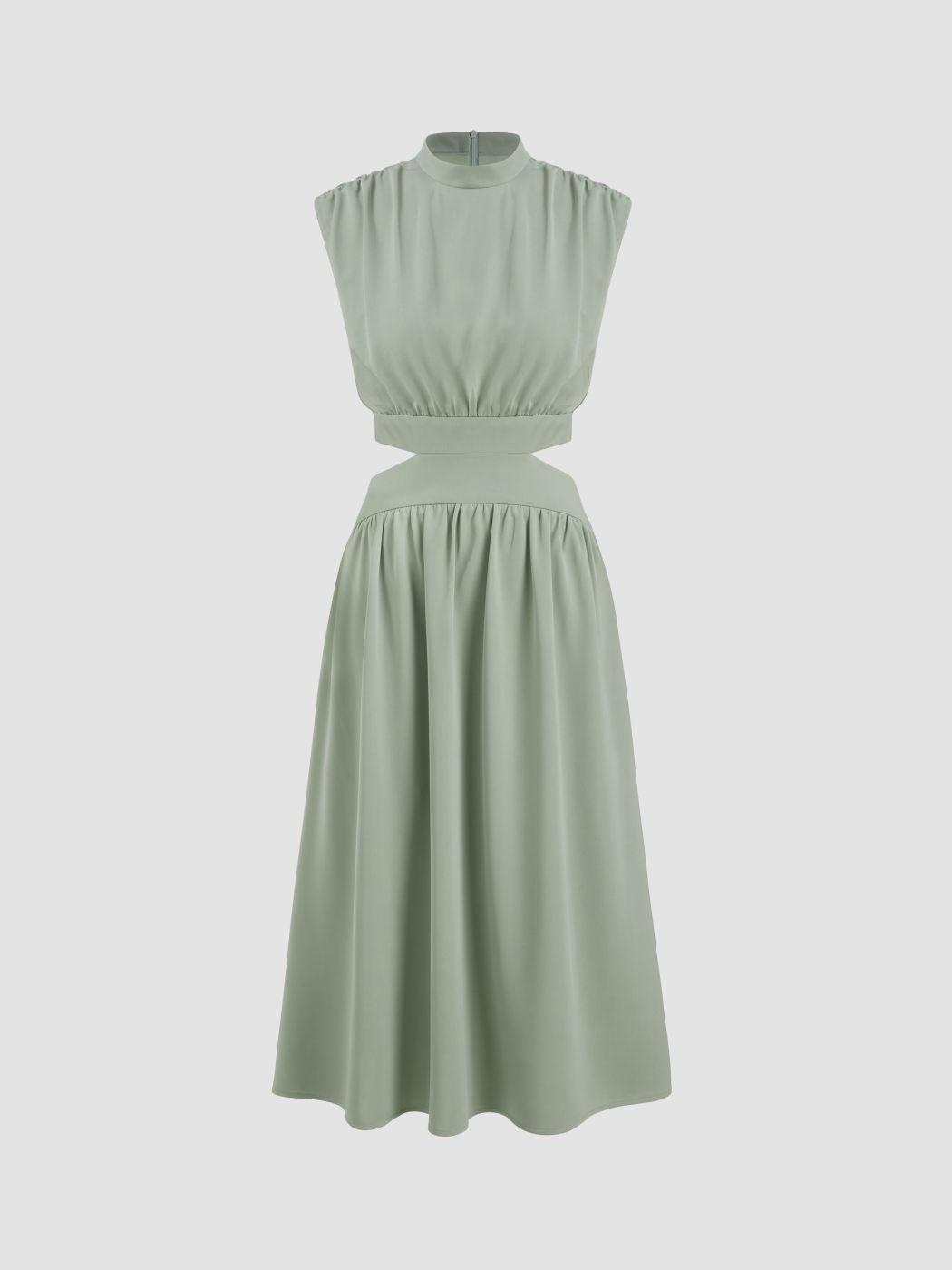Stand Collar Solid Cut Out Ruffle Midi Dress