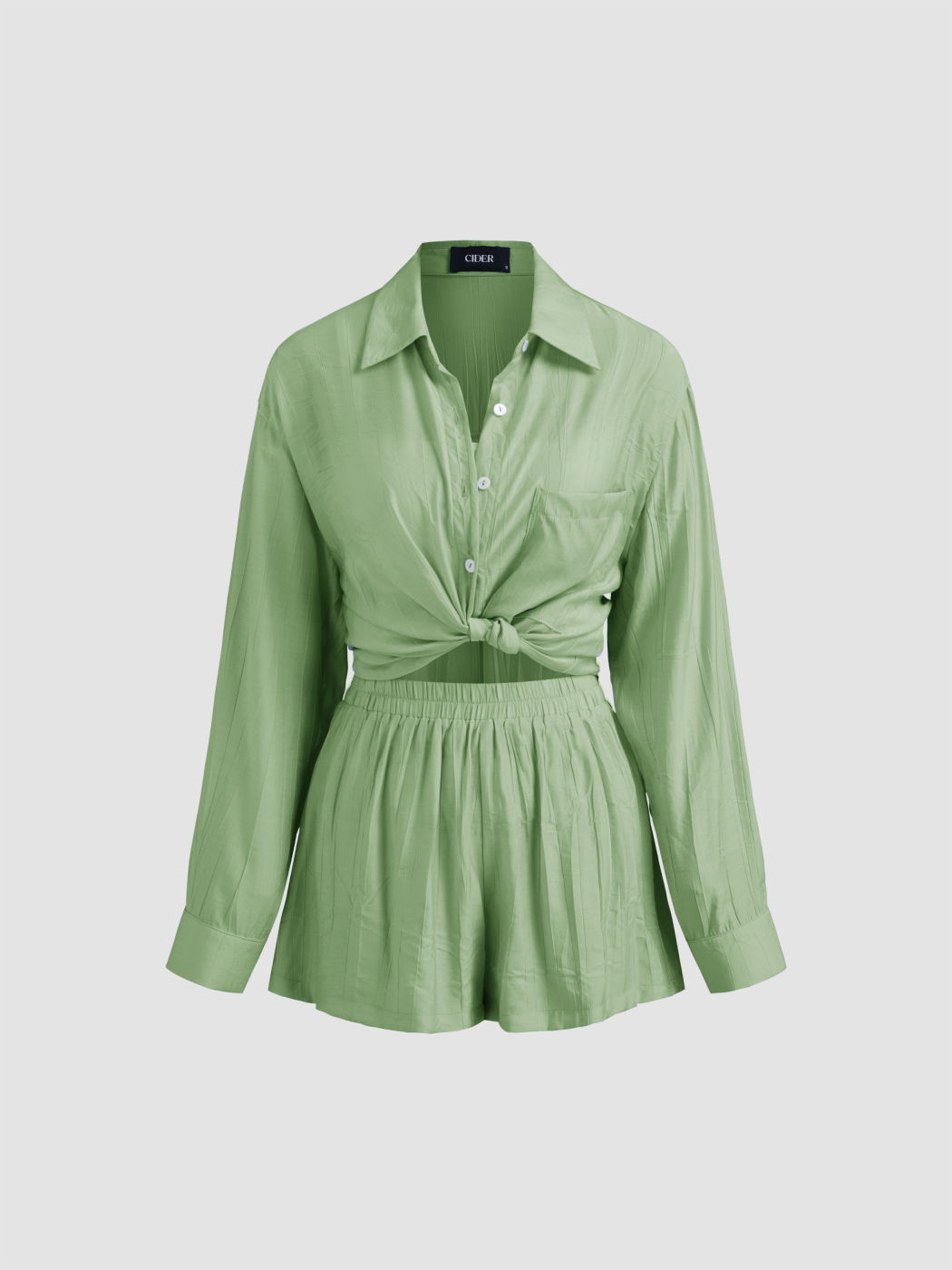 Collar Solid Long Sleeve Shirt & Solid Crop Tube Top With Mid Rise Solid Wide Leg Shorts
