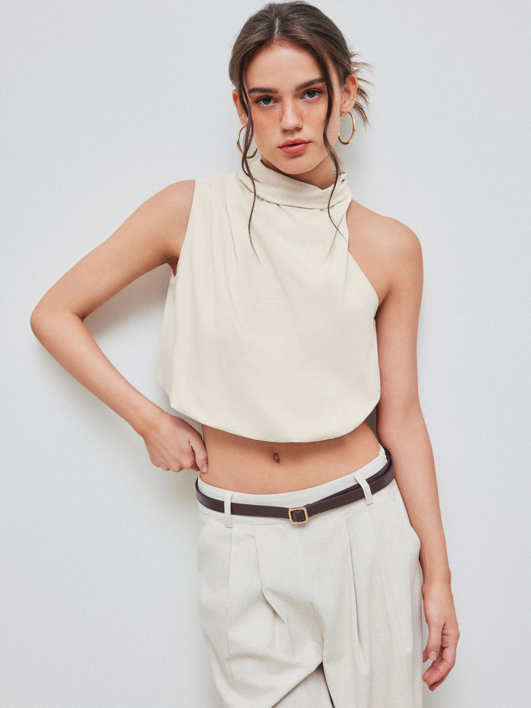 Linen-blend High Neck Asymmetrical Tank Top