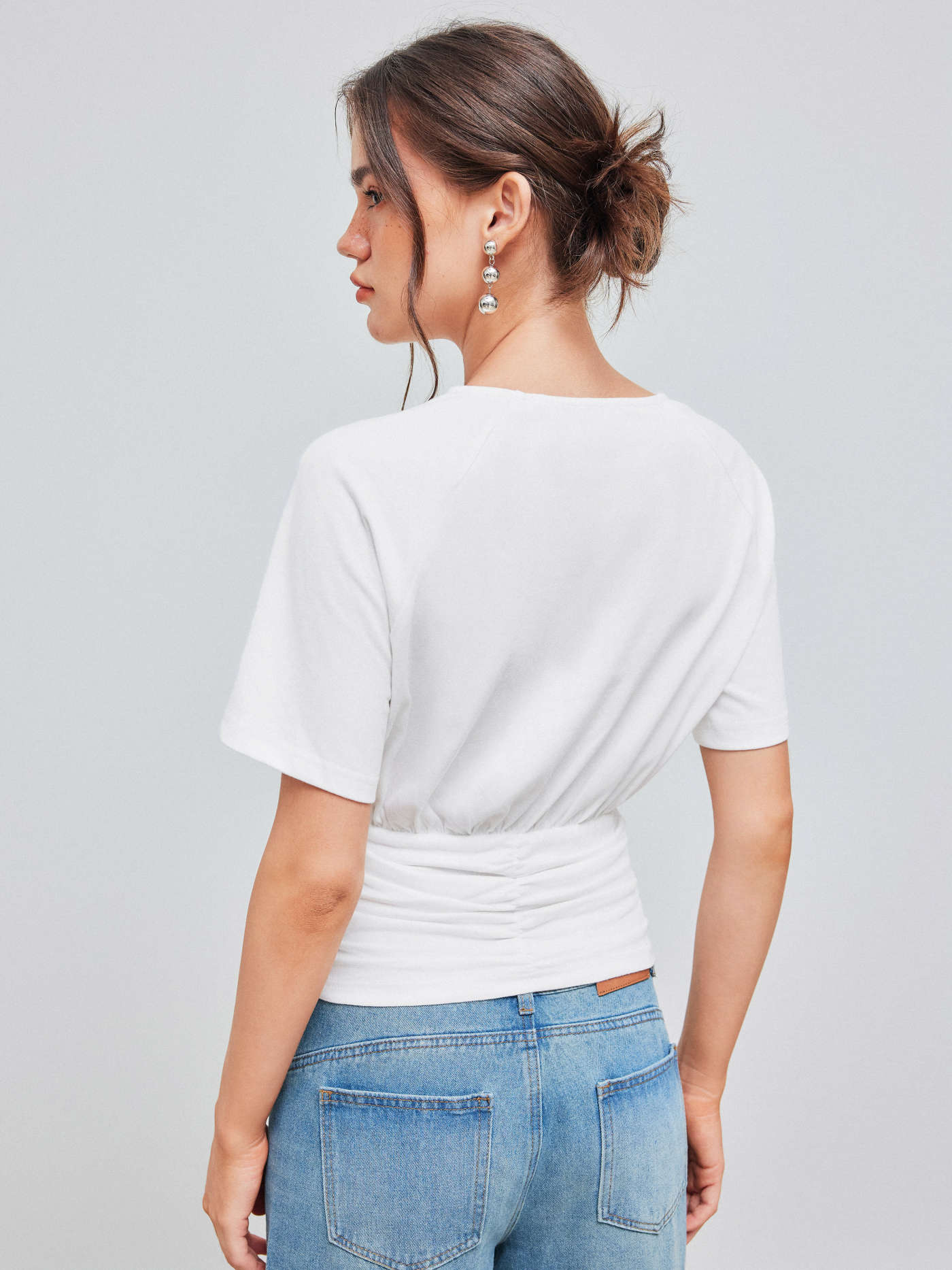 Cotton-blend Round Neck Solid Ruched Short Sleeve Tee