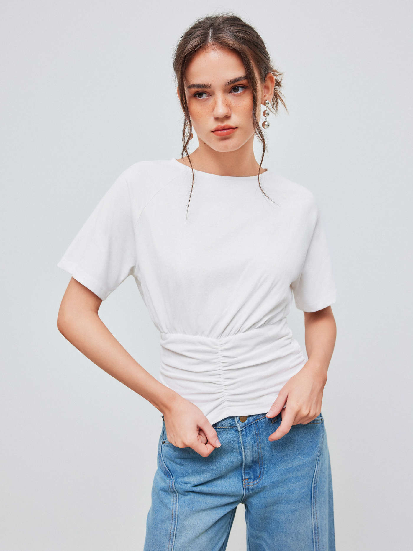 Knit Fabric Cotton Cotton-blend Round Neck Solid Ruched Short Sleeve Tee For Work