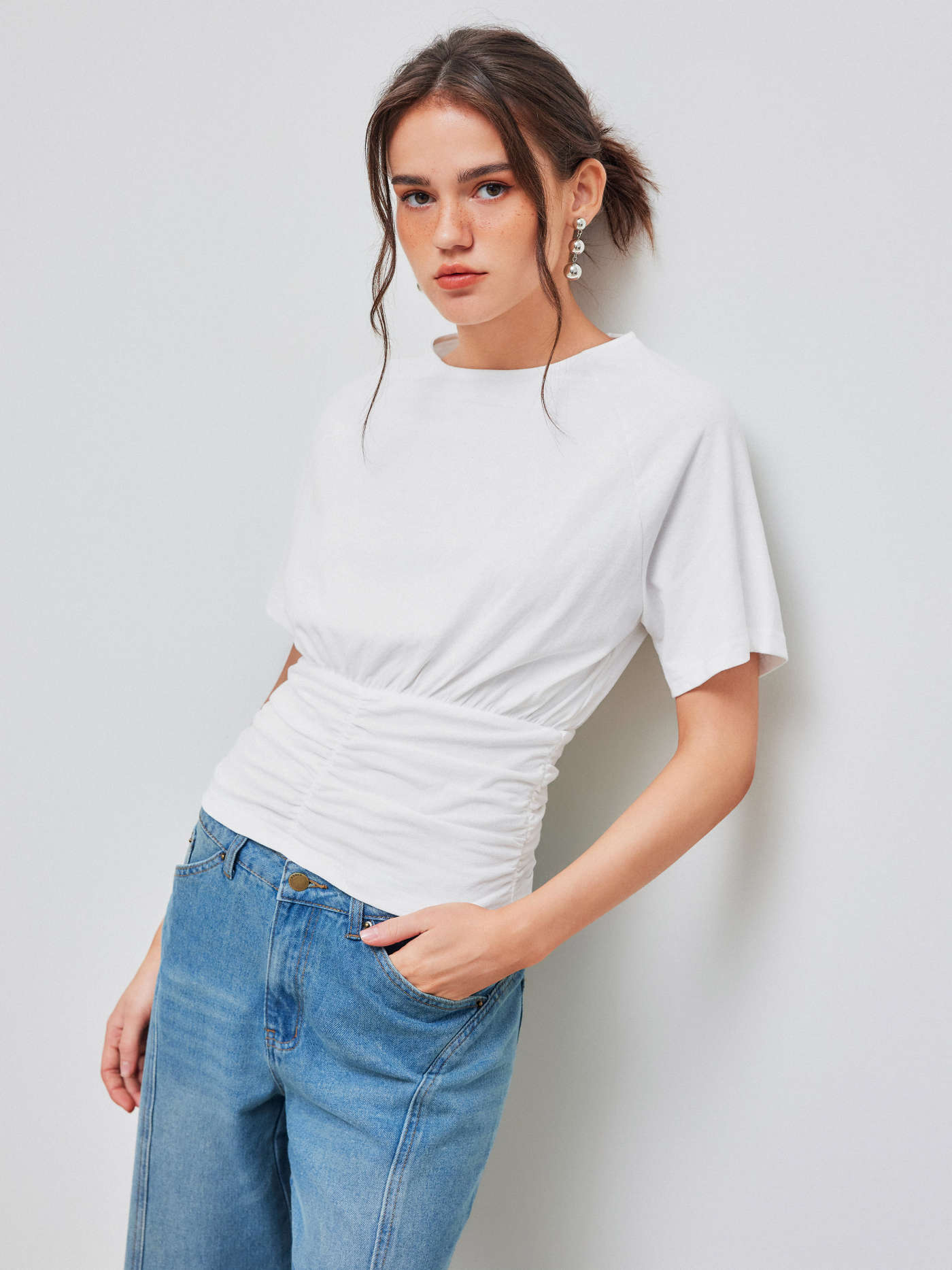 Knit Fabric Cotton Cotton-blend Round Neck Solid Ruched Short Sleeve Tee For Work
