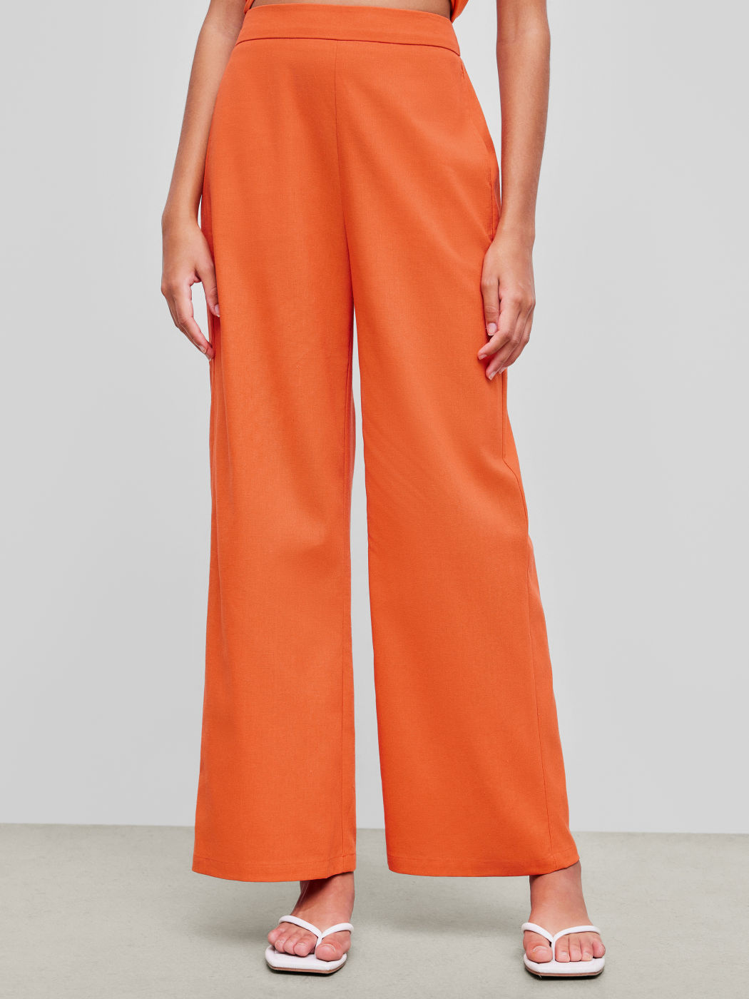 Leinen-Mischung Mid-Rise Einfarbige Tasche Gerade Bein Hosen