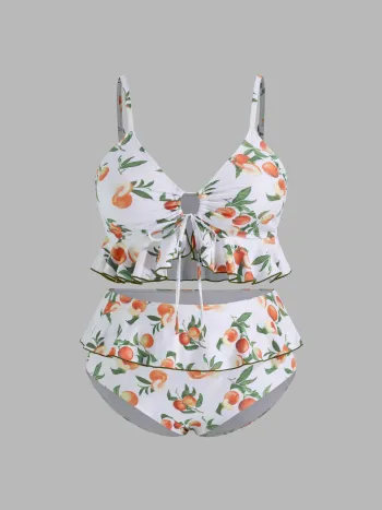 Formgebendes V-Hals-Strawberry-Grafik-Armband-Vollbedeckungs-Bikini Badekostüm Kurve & Plus