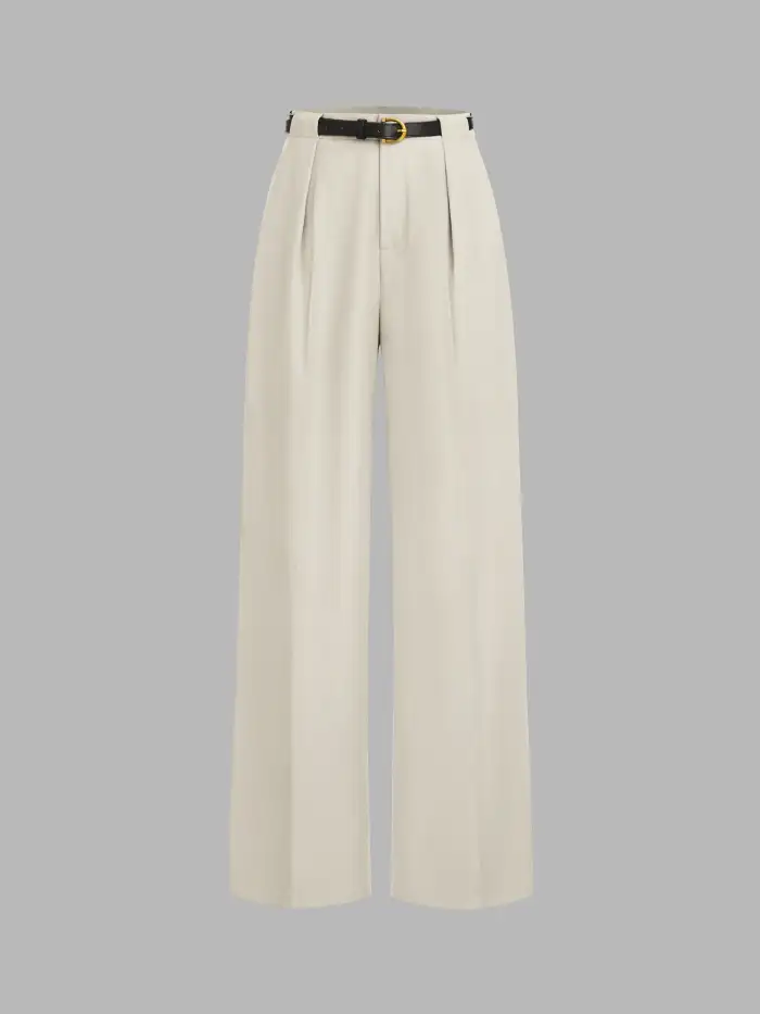 Petite Mid Rise Solid Wide Leg Trousers With Belt