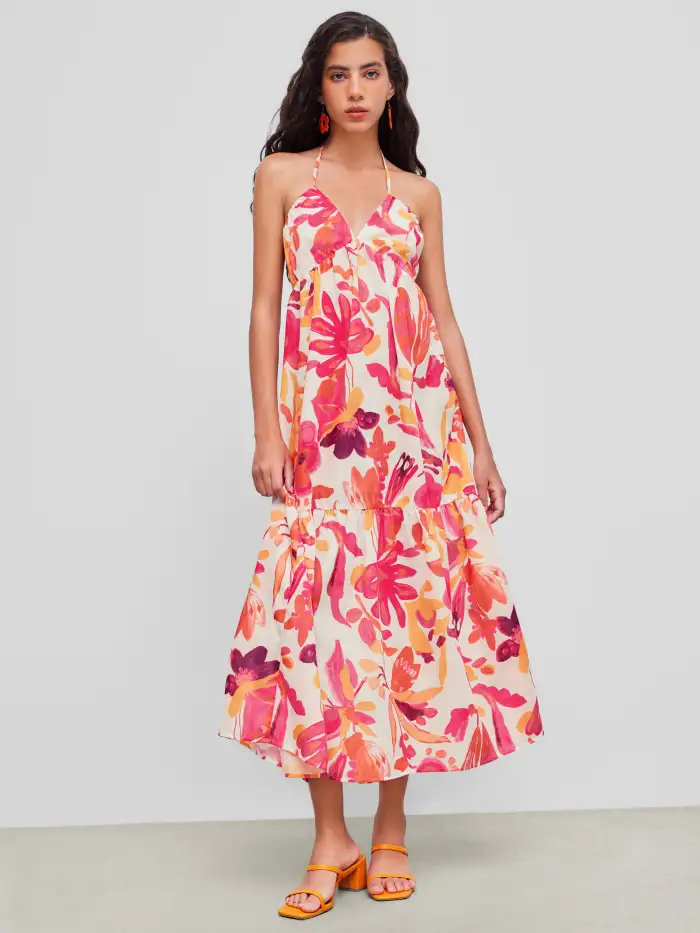 Woven V-neck Abstract Tassel Knotted Halter Maxi Dress For Vacation
