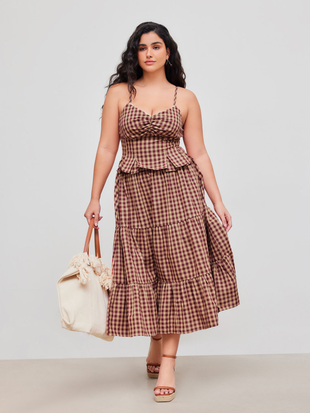 Baumwollmischung V-Ausschnitt Karo Rüschen Cami Top Kurve & Plus