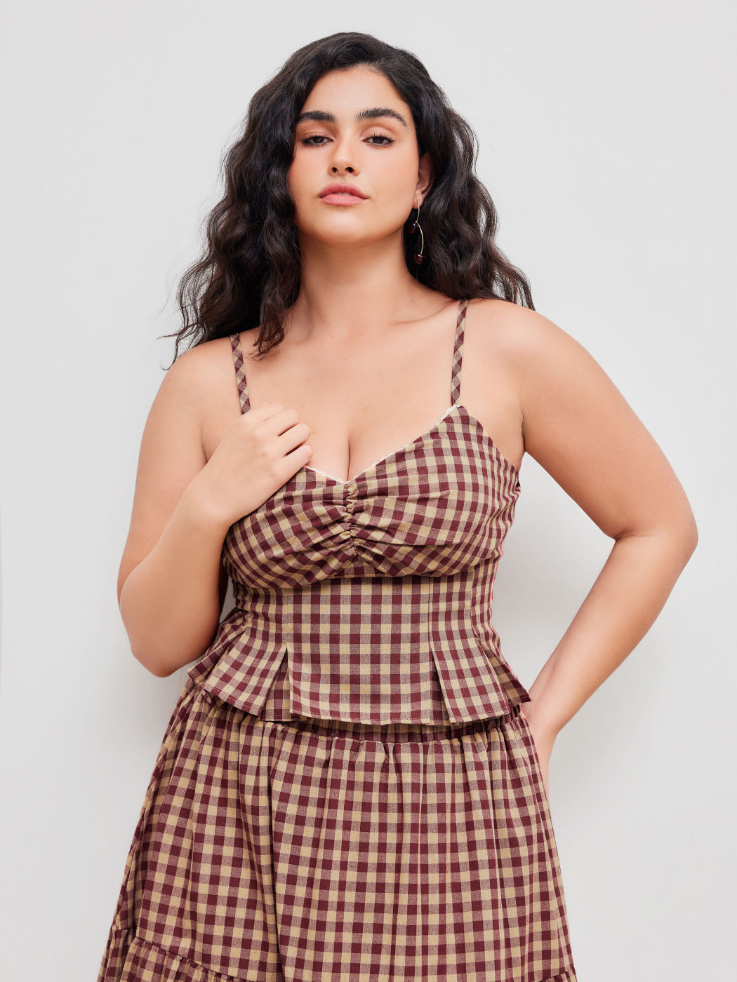 Baumwollmischung V-Ausschnitt Karo Rüschen Cami Top Kurve & Plus