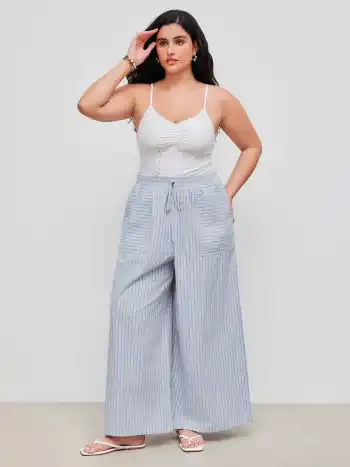 Woven Mid Rise Elastic Waist Striped Pocket Wide Leg Trousers Curve & Plus