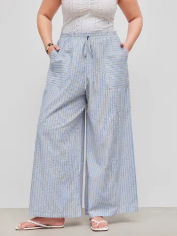 Woven Mid Rise Elastic Waist Striped Pocket Wide Leg Trousers Curve & Plus
