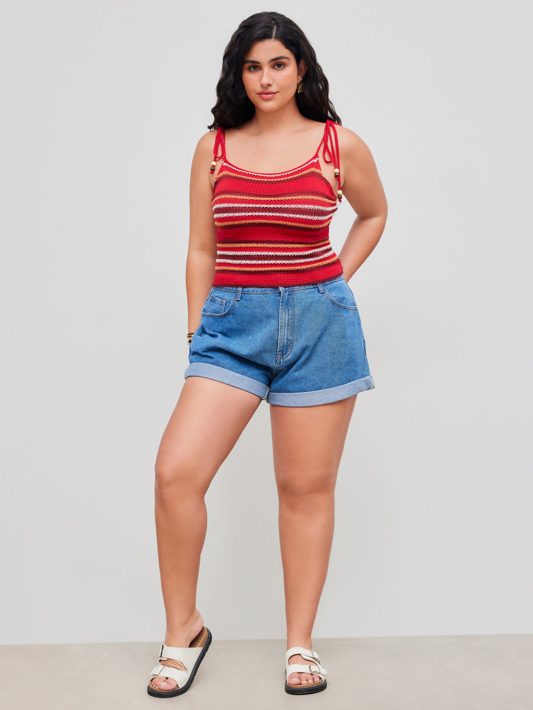 Knitted Square Neck Striped Beaded Knotted Crop Cami Top Curve & Plus