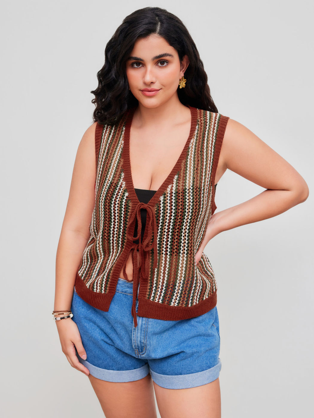 Knitted V-neck Striped Knotted Vest Curve & Plus