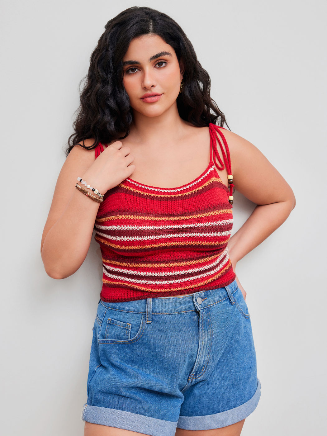 Knitted Square Neck Striped Beaded Knotted Crop Cami Top Curve & Plus