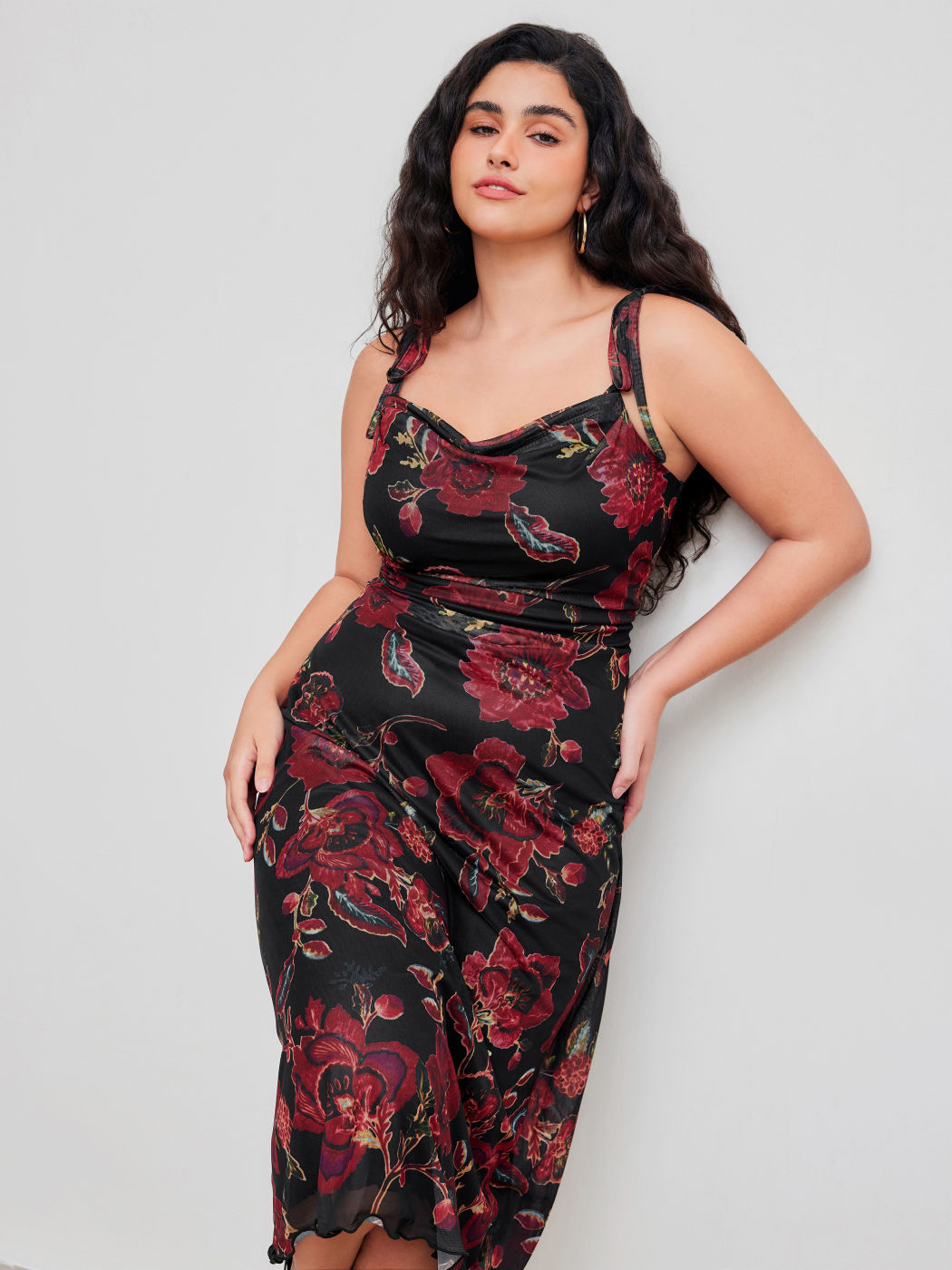 Mesh Square Neck Floral Knotted Midi Dress Curve & Plus