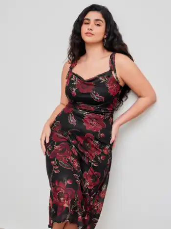 Mesh Square Neck Floral Knotted Midi Dress Curve & Plus