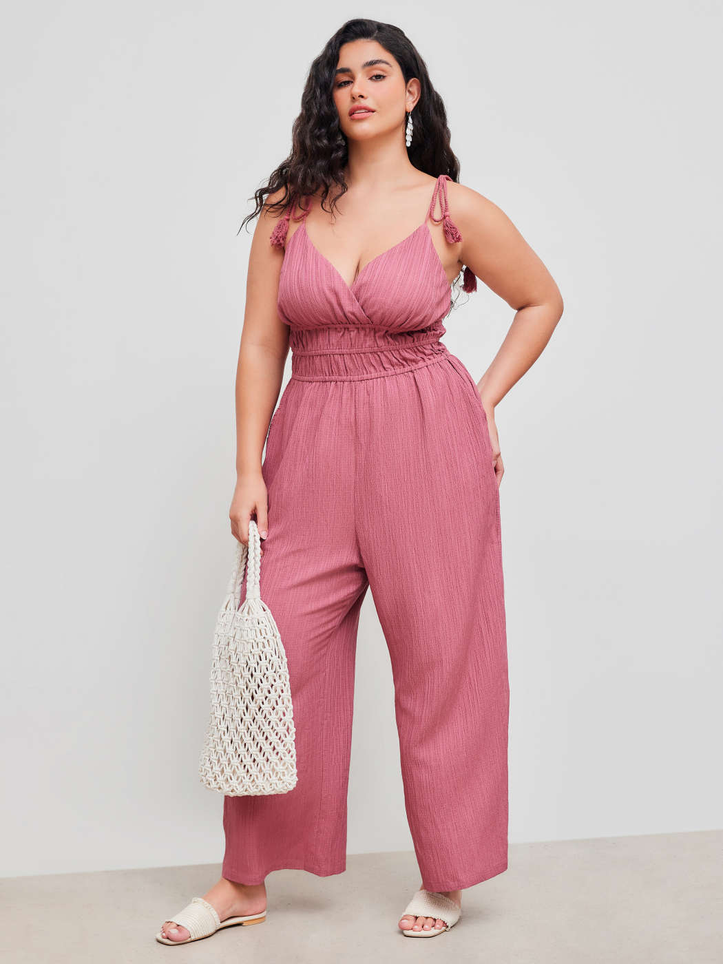 Womens Jumpsuit Tassel Jumpsuit Plus Size Woven V-neck Solid