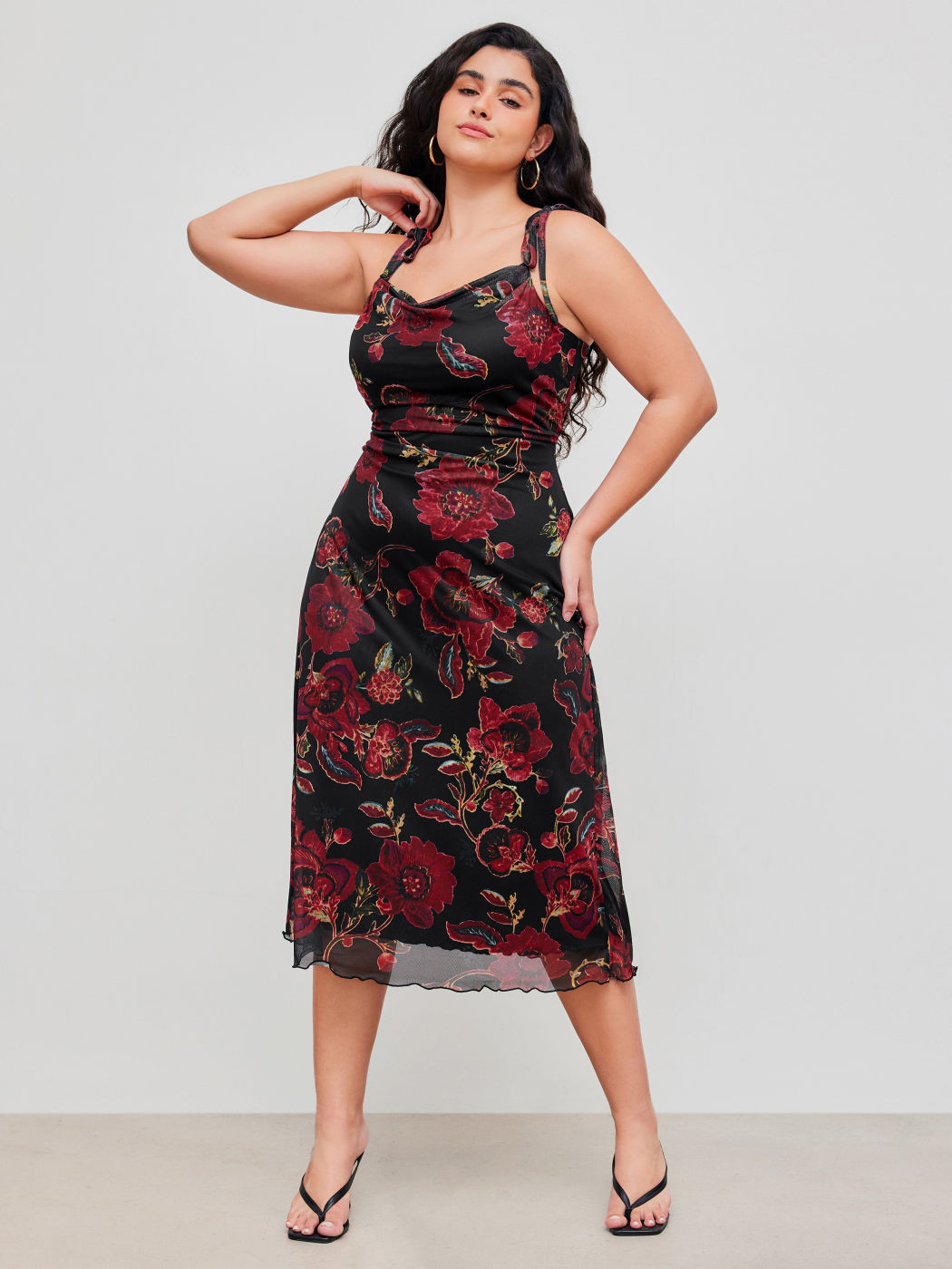 Mesh Square Neck Floral Knotted Midi Dress Curve & Plus