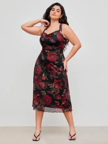 Mesh Square Neck Floral Knotted Midi Dress Curve & Plus