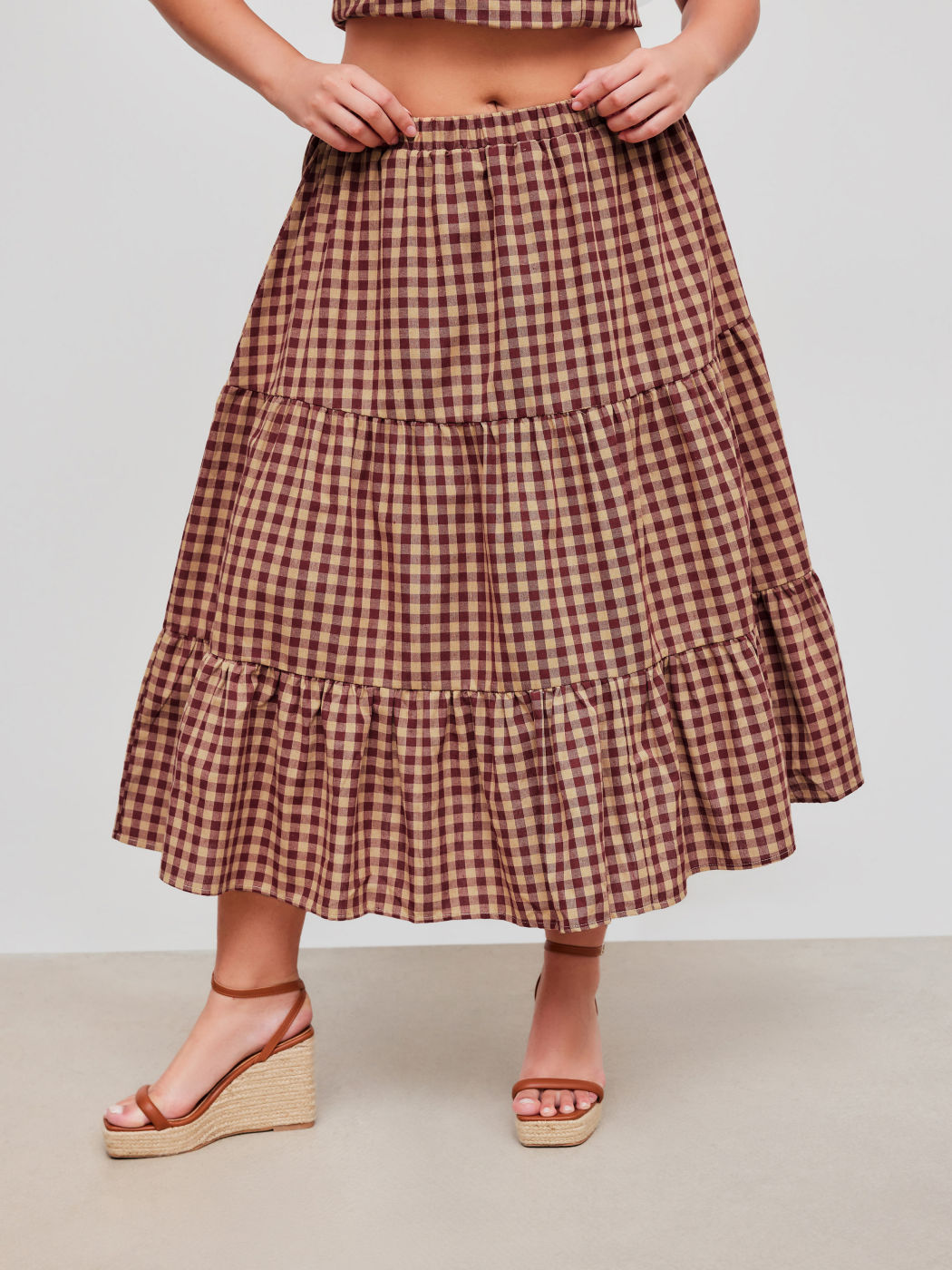 Falda Maxi de Capas con Cuadros de Tiro Medio de Mezcla de Algodón Curvy