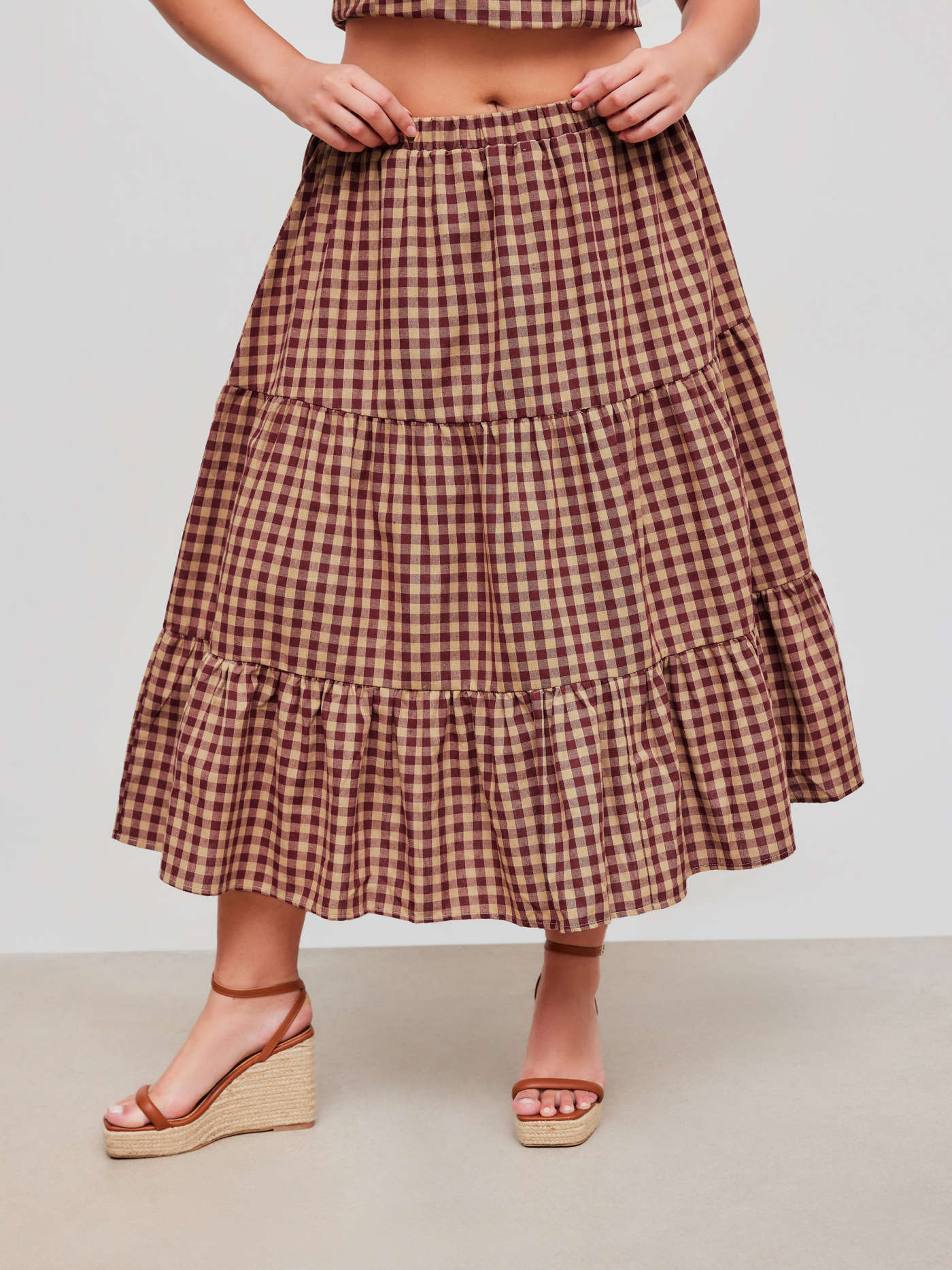 Cotton-blend Mid Rise Check Layered Maxi Skirt Curve & Plus