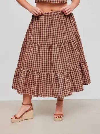 Cotton-blend Mid Rise Check Layered Maxi Skirt Curve & Plus