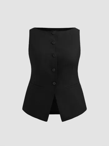 Woven Boat Neck Solid Button Vest Curve & Plus