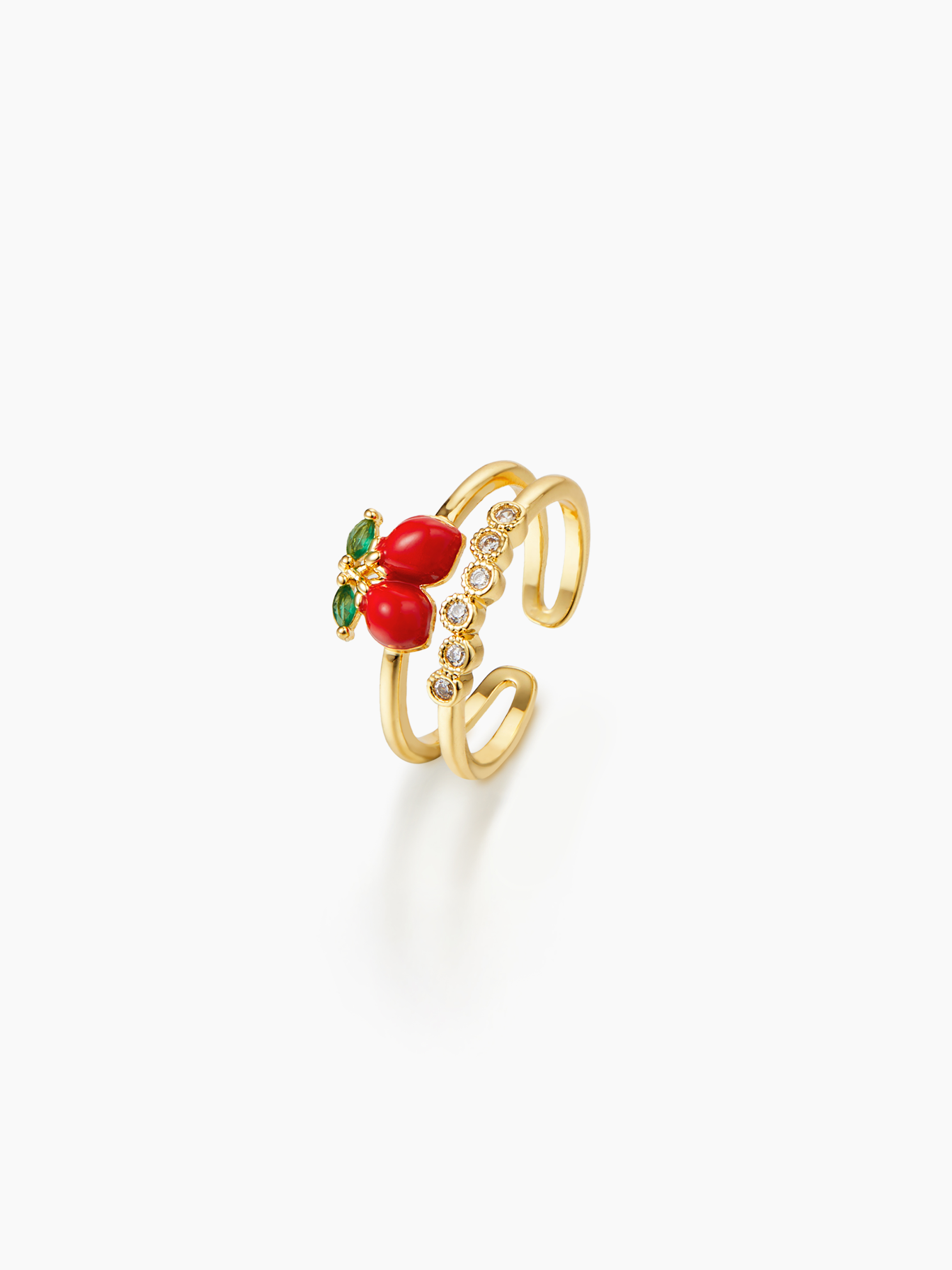Copper CHERRY & RHINESTONE DOUBLE-LAYERED OPEN RING For