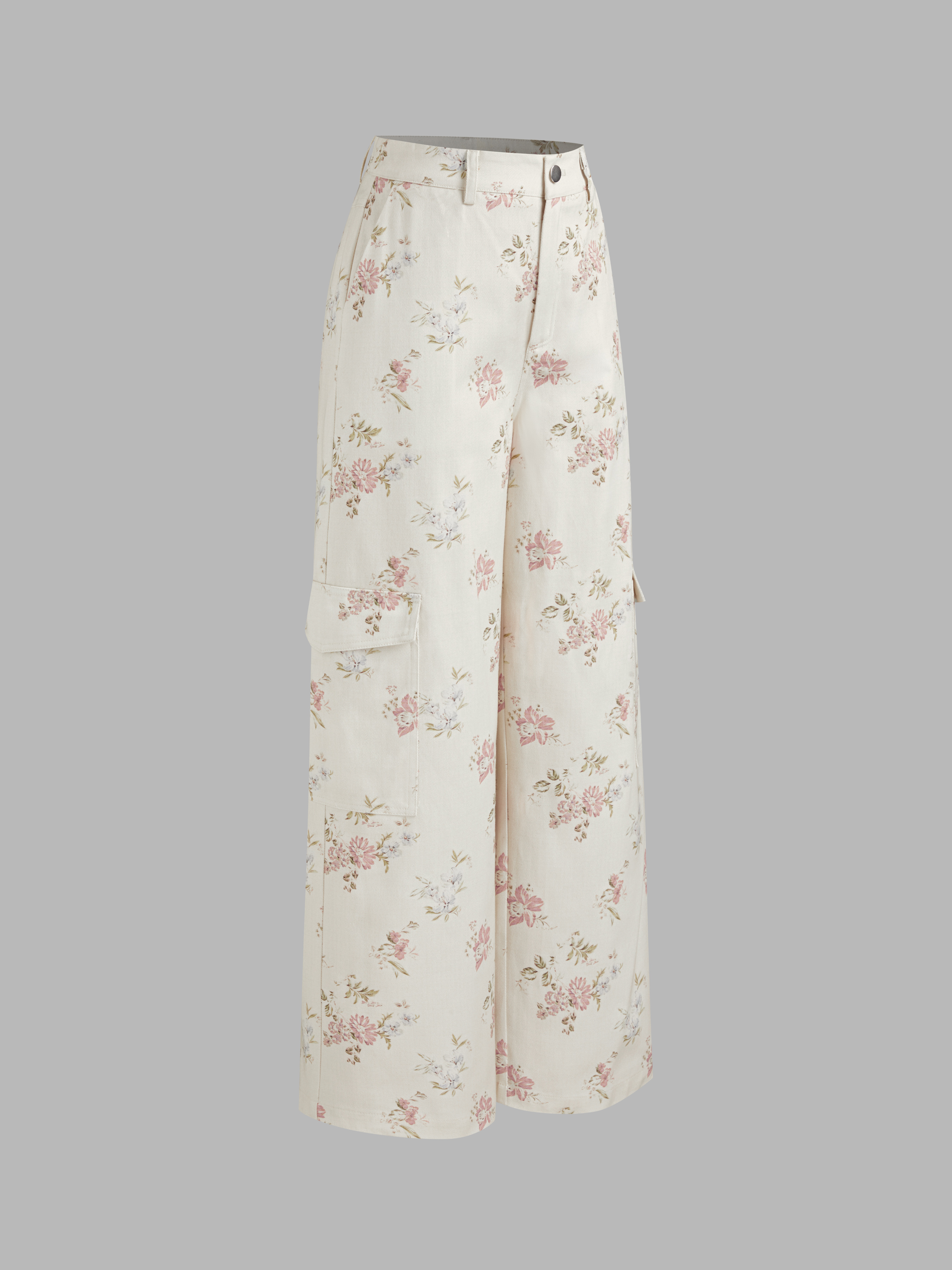 Woven Cotton 100% Cotton Mid Rise Floral Cargo Wide Leg