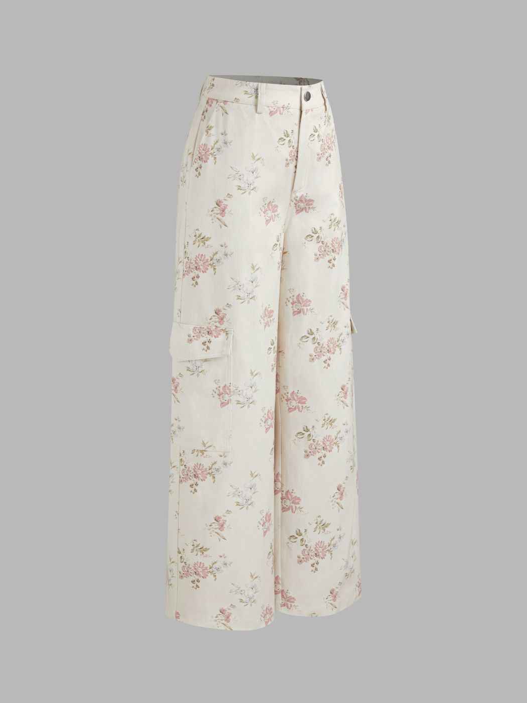 100% Cotton Mid Rise Floral Cargo Wide Leg Pants
