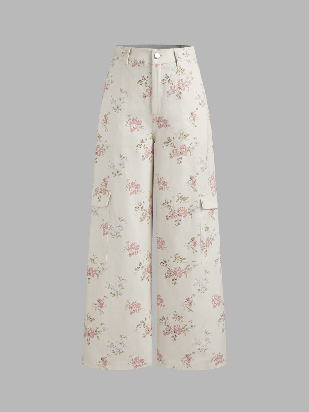 100% Cotton Mid Rise Floral Cargo Wide Leg Pants