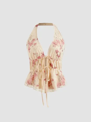 Halter-Ausschnitt Blumenmuster Knoten-Tank-Top