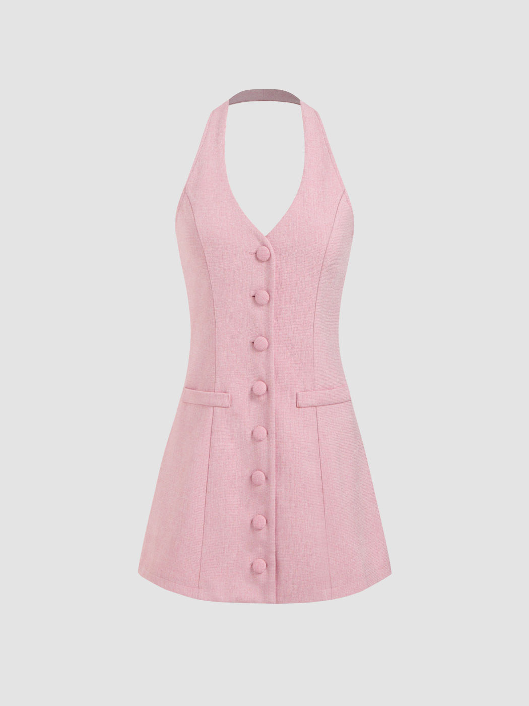 V-neck Solid Button Mini Dress