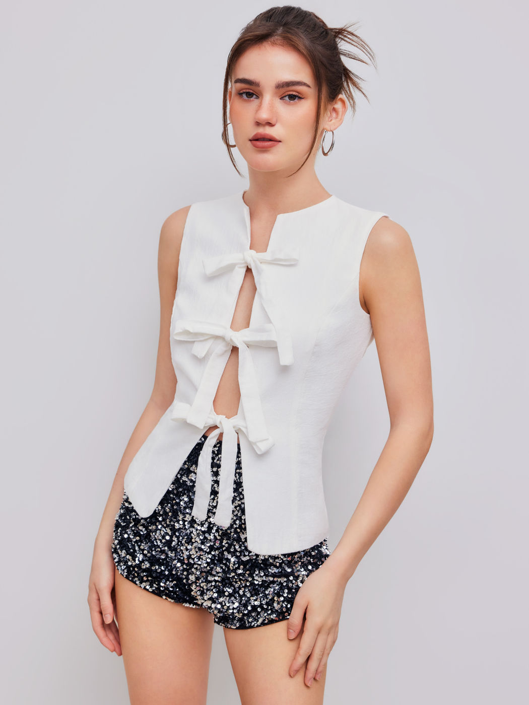 100% Cotton Round Neck Solid Bowknot Sleeveless Vest
