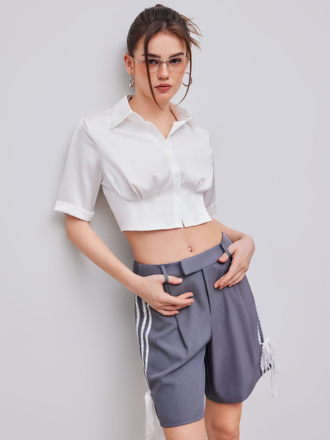 Satin Collar Solid Crop Short Sleeve Shirt