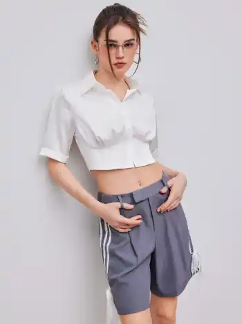 Satin Kragen Solid Crop Kurzarmhemd