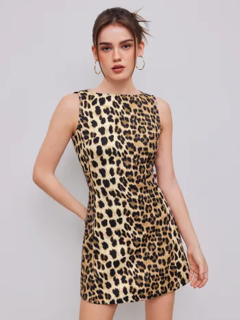 Boat Neck Leopard Print Zipper Mini Dress