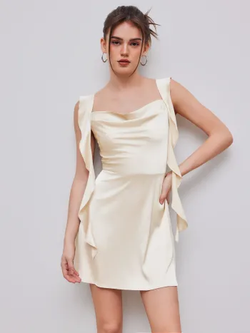 Satin Ruched Ruffle Hem Mini Dress