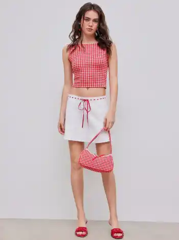 Boat Neck Gingham Bowknot Backless Crop Tank Top