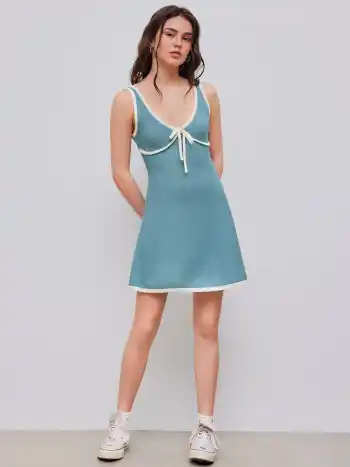 Knitted V-neck Solid Contrasting Binding Knotted Mini Dress