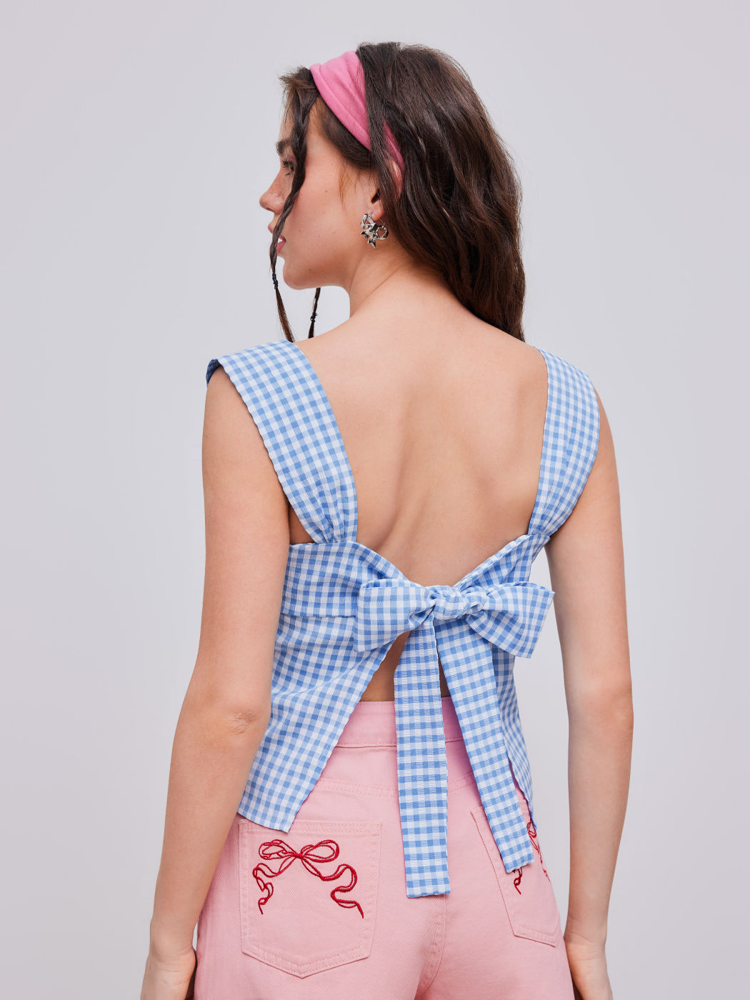 Backless Square Neck Gingham Bowknot Tank Top