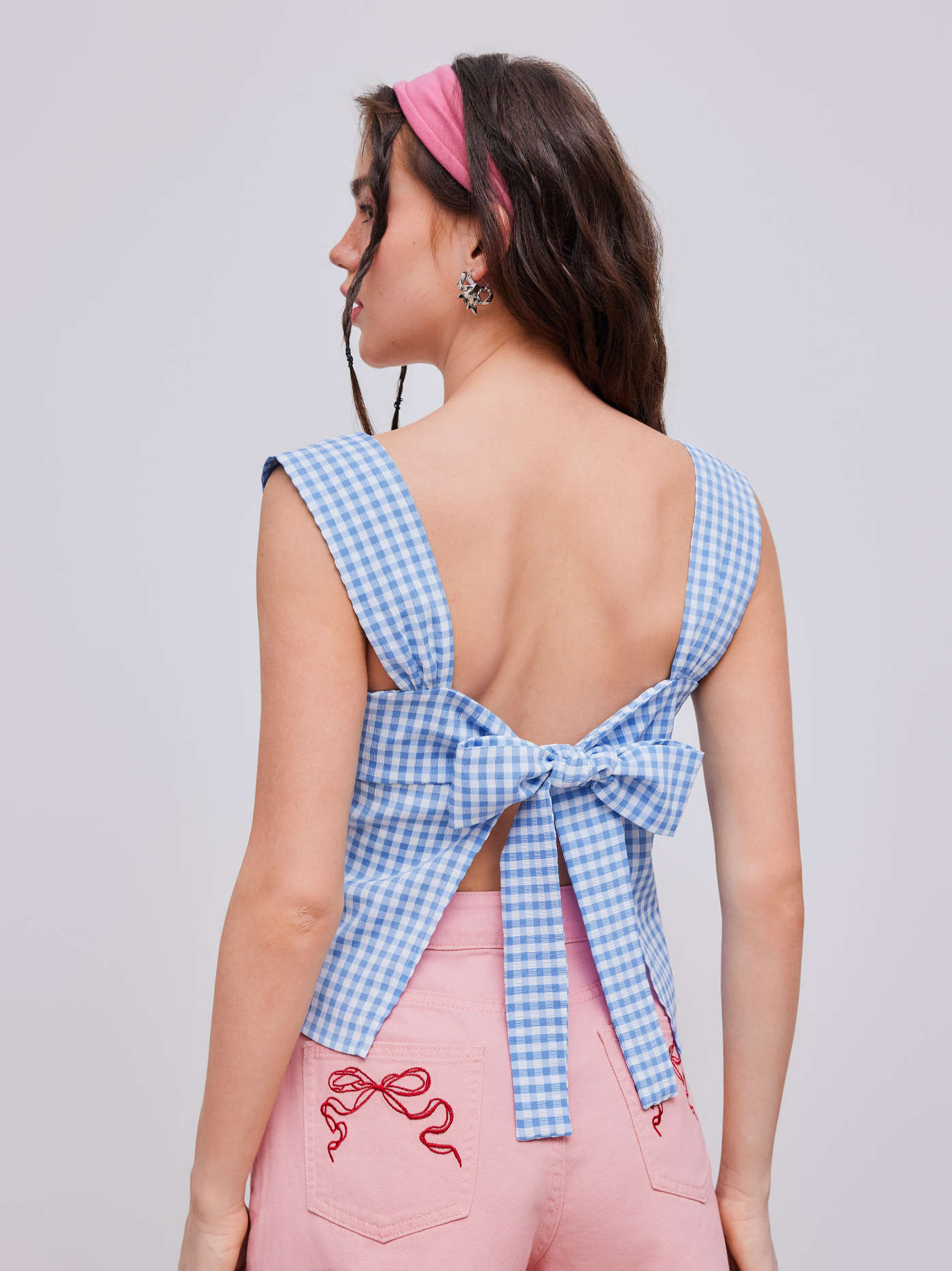 Square Neck Gingham Bowknot Tank Top