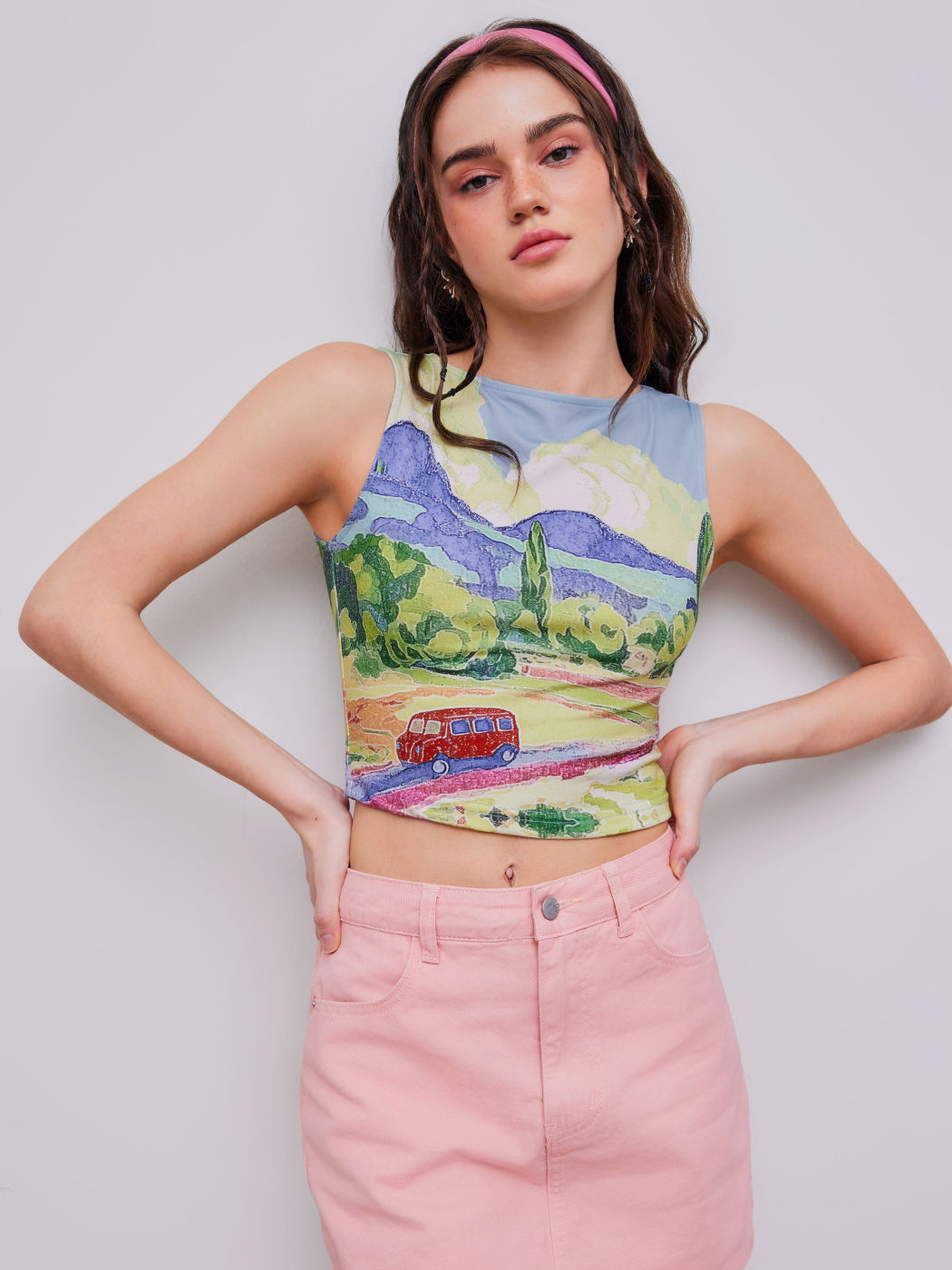 Round Neck Oil Painting Graphic Crop Tank Top 