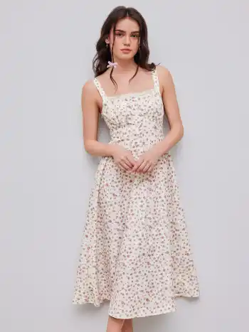 Square Neck Floral Corset Lace Up Midi Dress