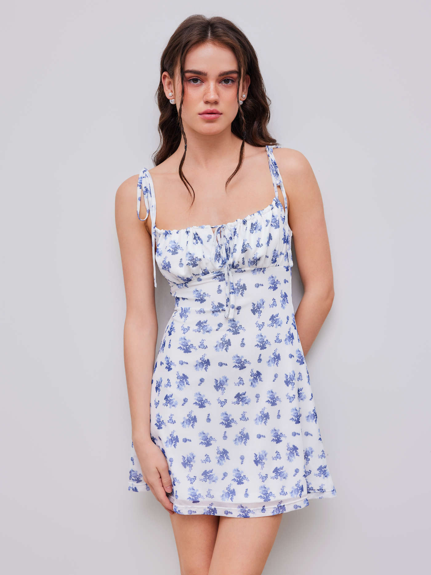 Mesh Scoop Neckline Floral Knotted Mini Dress