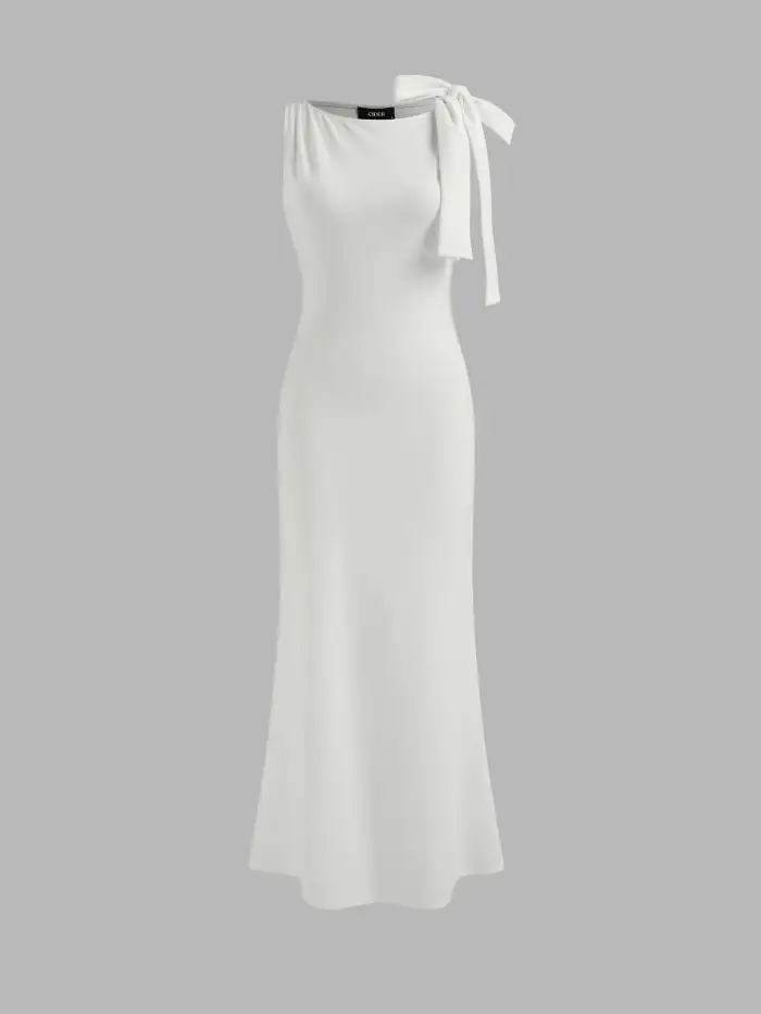 Knit Fabric Boat Neck Tie Back Maxi Dress For Daily Casual