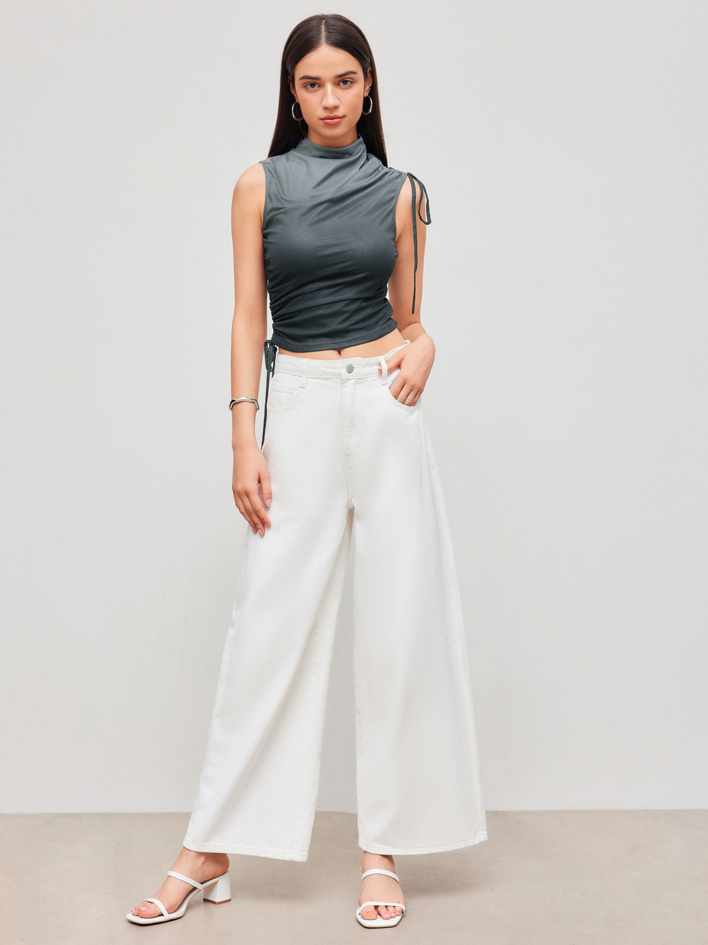 Mesh High Neck Gradient Drawstring Tank Top