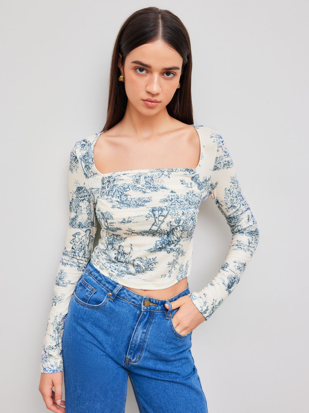 Toile de Jouy Square Neck Ruched Long Sleeve Crop Top