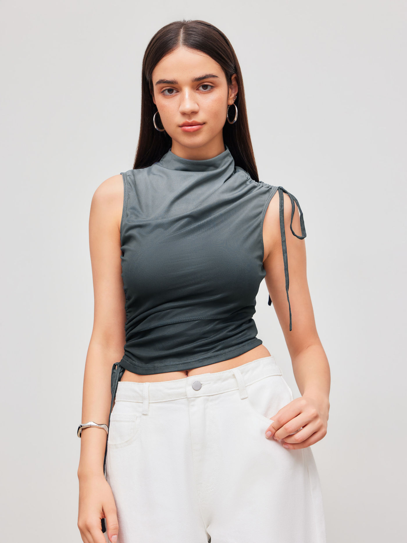 Mesh High Neck Gradient Drawstring Tank Top