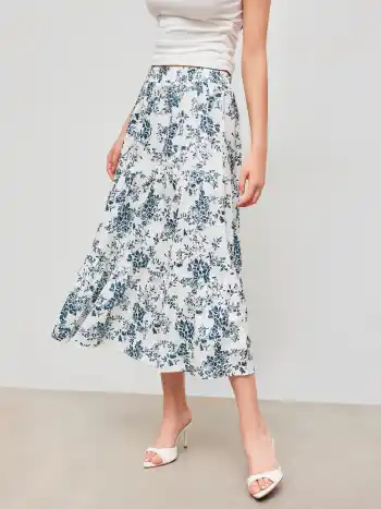 Hochbundiges Blumen-Ruffle-Midi-Skirt