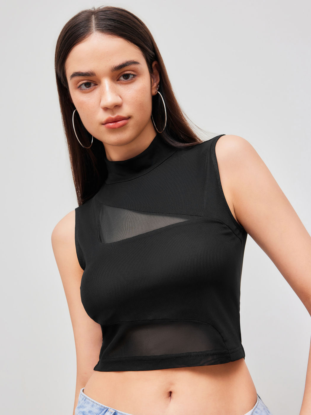 Mesh High Neck Patched Crop Tank Top
